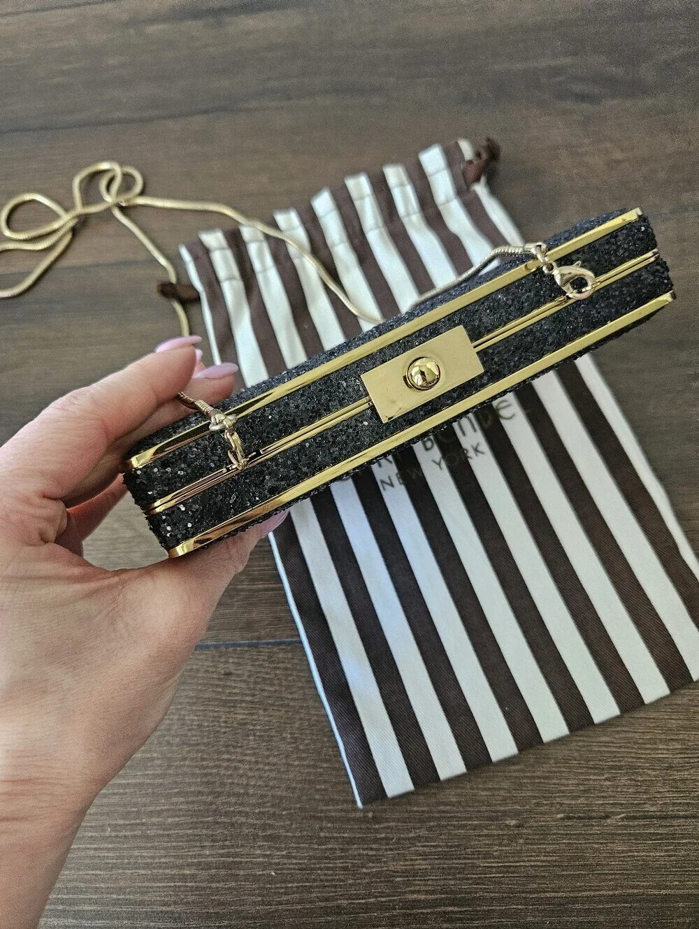 HENRI BENDEL Black Glitter Box Clutch Crossbody Evening Bag Gold Hardware +Dusty